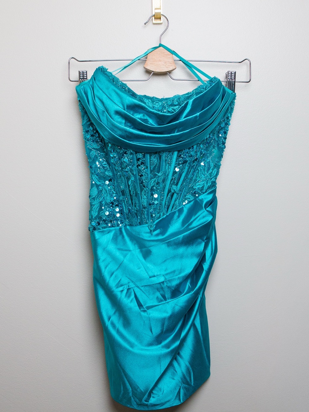 Strapless Teal Sequin Lace Cocktail Dress